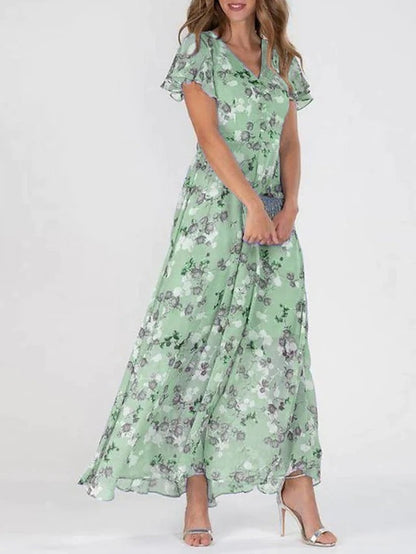 Damen Langarm Maxikleid Chiffon Blumenmuster