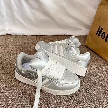 Damen Sneaker Metallic Glanz Schuhe Modern Silber
