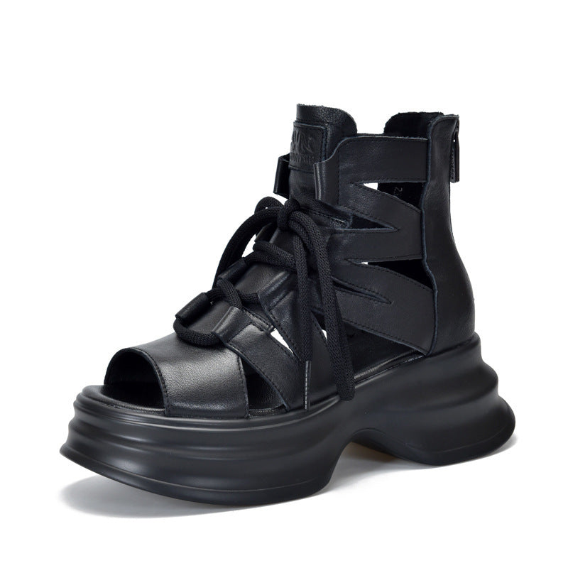 Damen Plateau Sandalen Leder Schnürsystem Modern