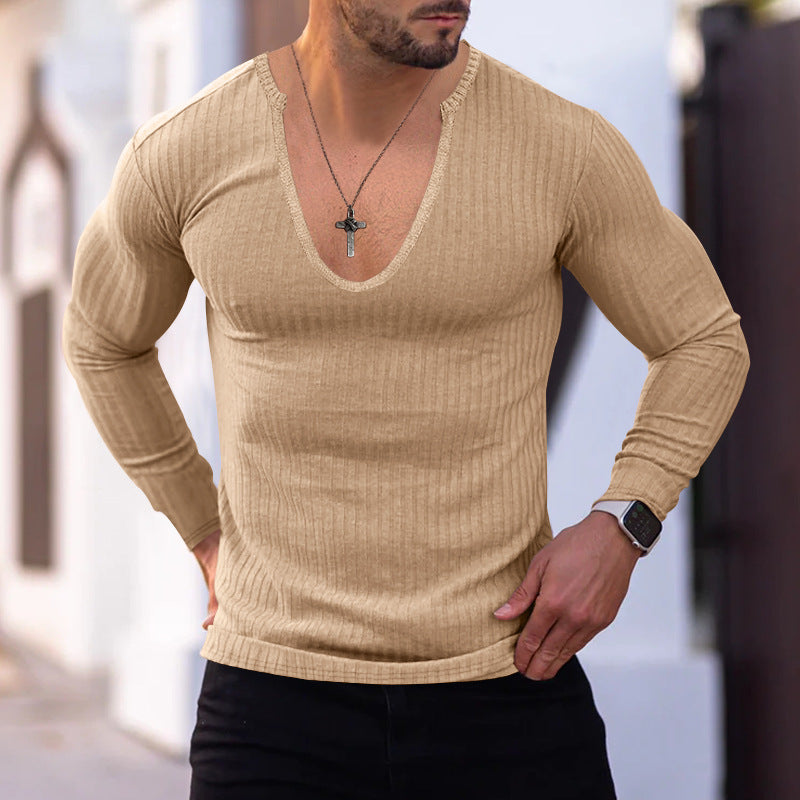 Herren Langarm-Shirt V-Ausschnitt Strukturiert