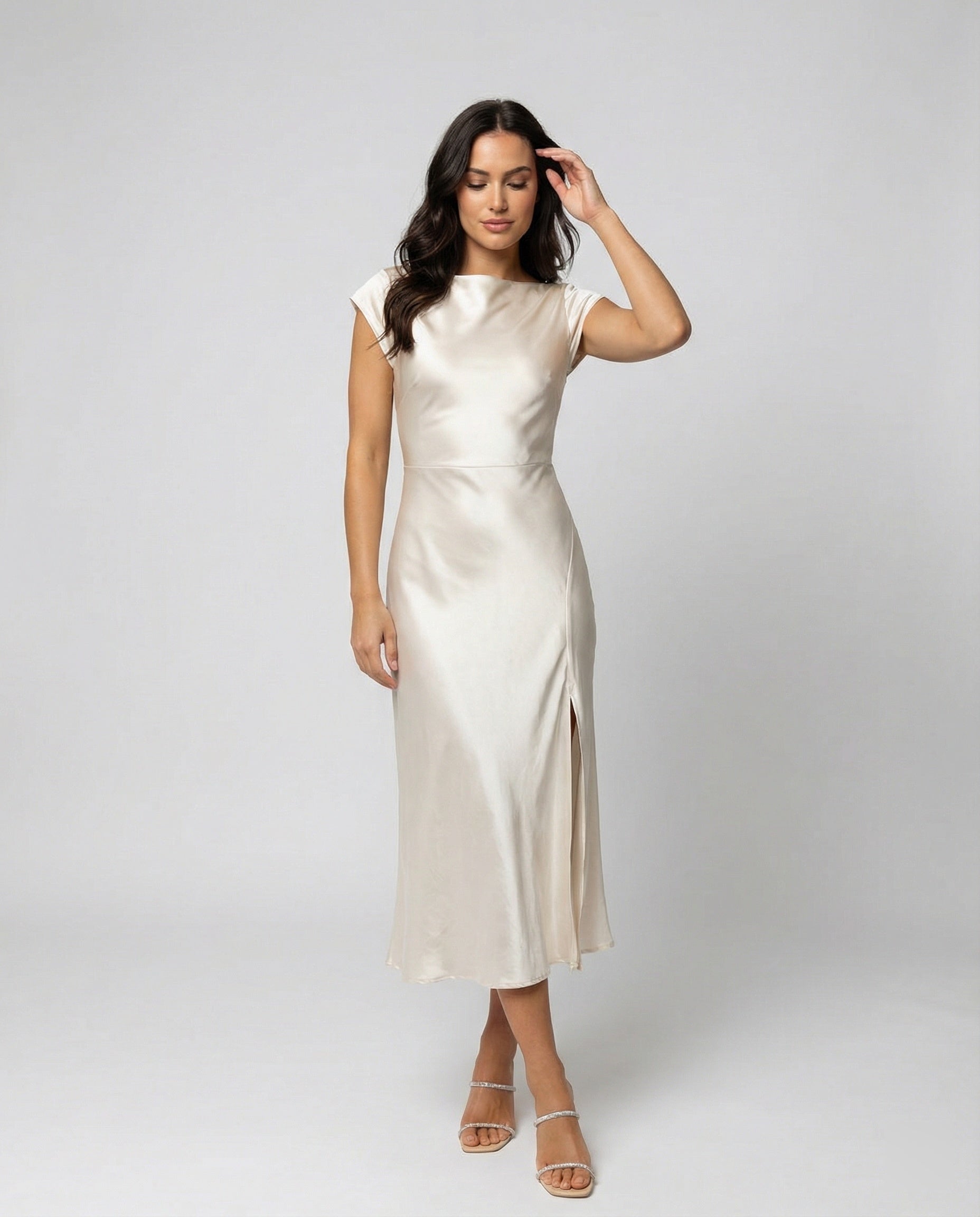 Damen Midikleid Satin Elegant mit Schlitz Schwarz - Norvielle