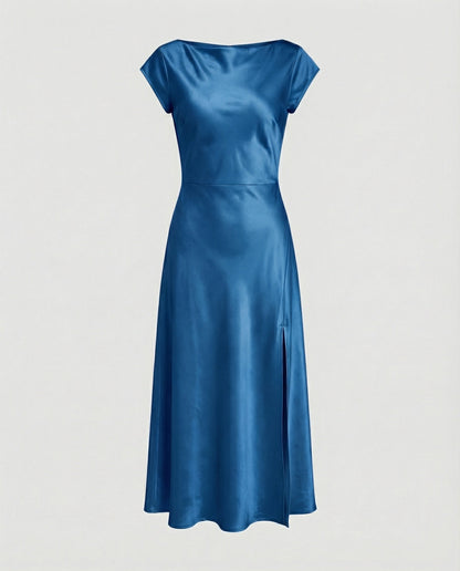 Damen Midikleid Satin Elegant mit Schlitz