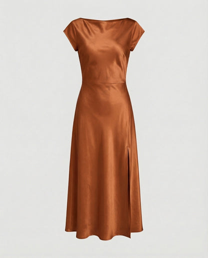 Damen Midikleid Satin Elegant mit Schlitz