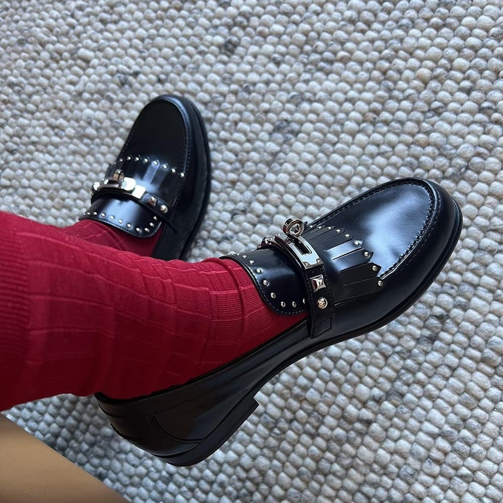 Damen Mokassins Elegante Fransen Schnalle Leder Schwarz - Norvielle