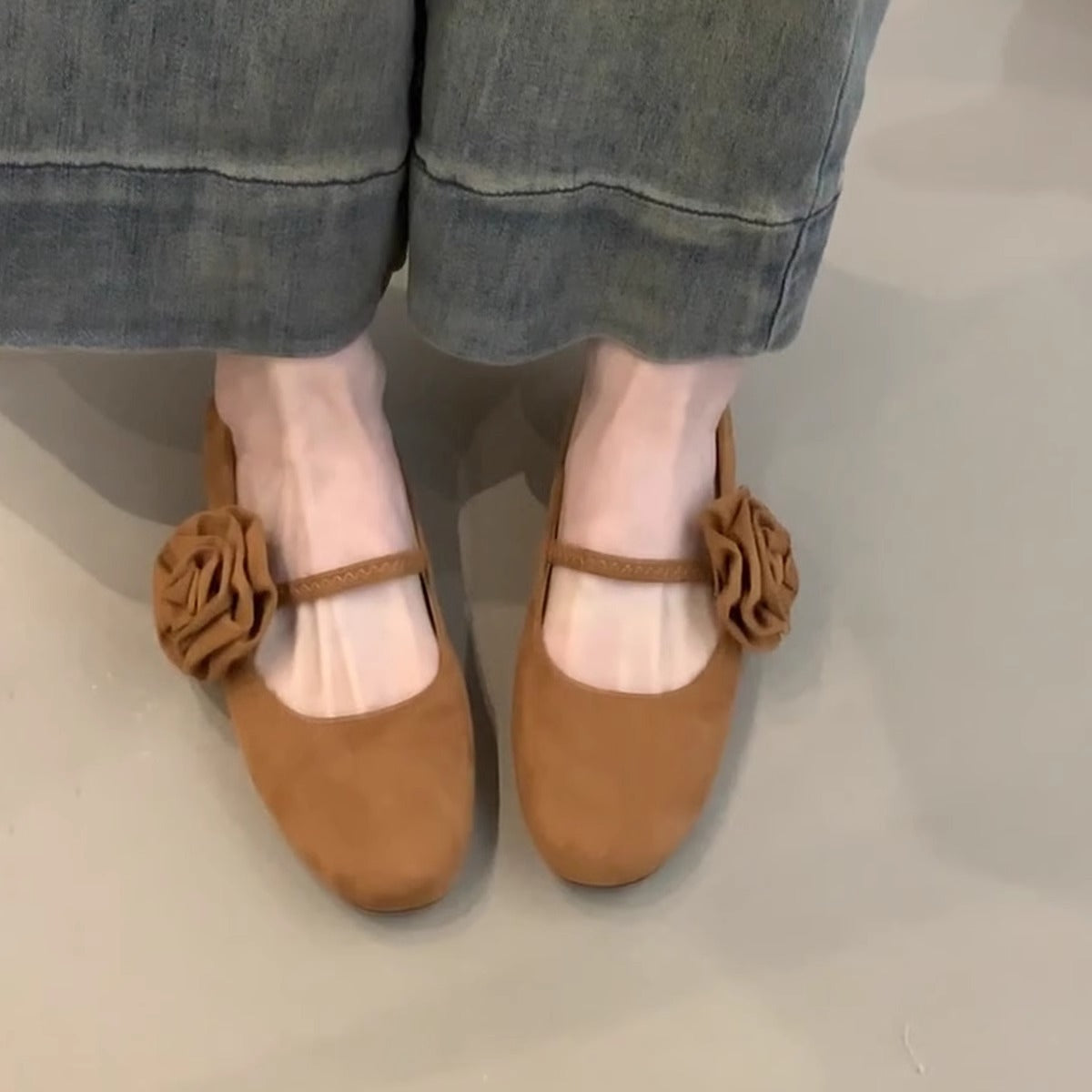 Damen Ballerinas Bequem Blumenriemen
