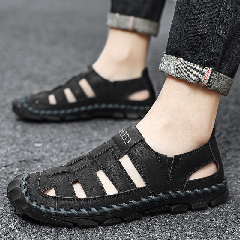 Herren Sandalen Atmungsaktives Leder Rutschfest Schwarz - Norvielle