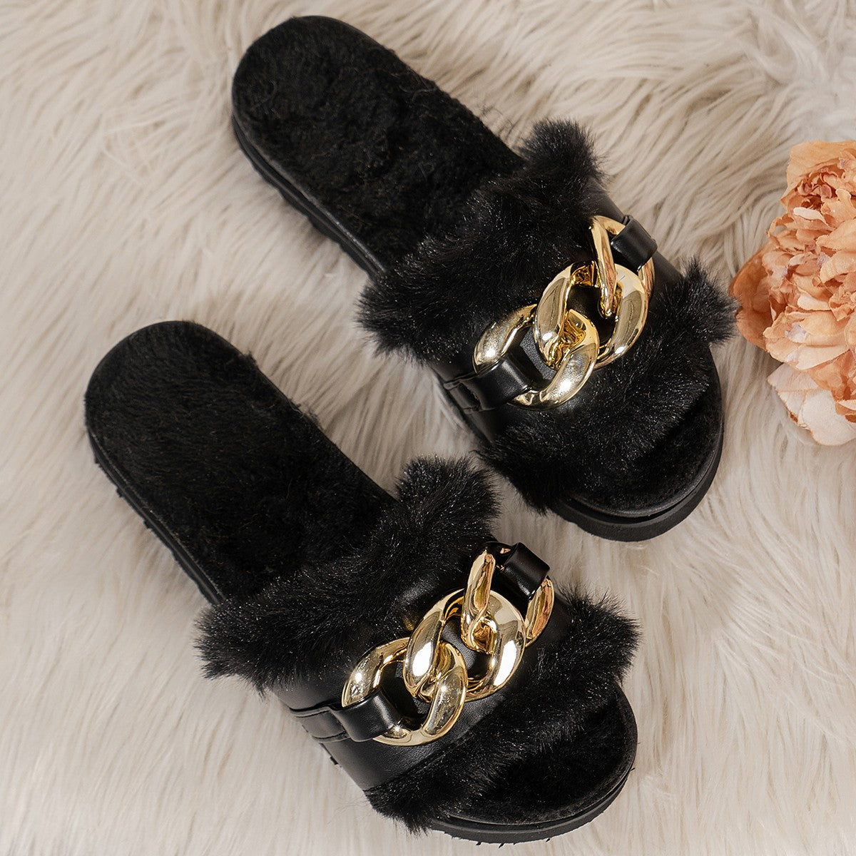 Damen Slides Sandalen Pelzbesatz Glitzerdetails