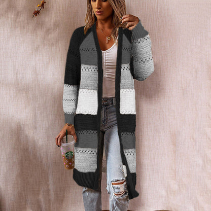 Damen Strickjacke Lang Streifenmuster Offen