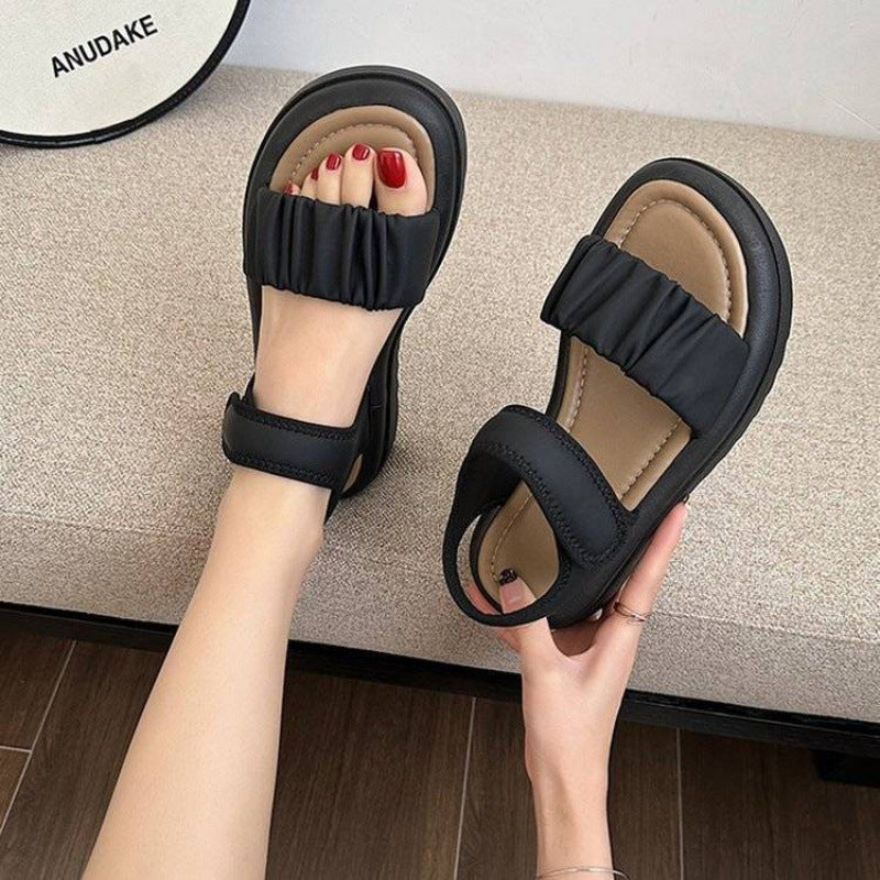 Damen Sandalen Riemchen Komfortschuhe Falten-Design Schwarz - Norvielle