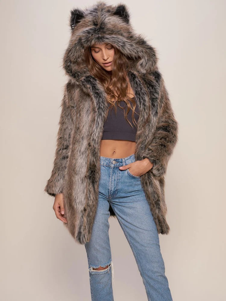 Damen Faux-Fur-Mantel Warm Kapuze Ohrenschützer