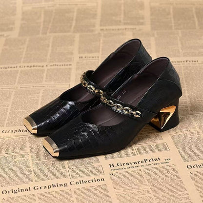 Damen Schuhe Blockabsatz Elegantes Ketten Detail