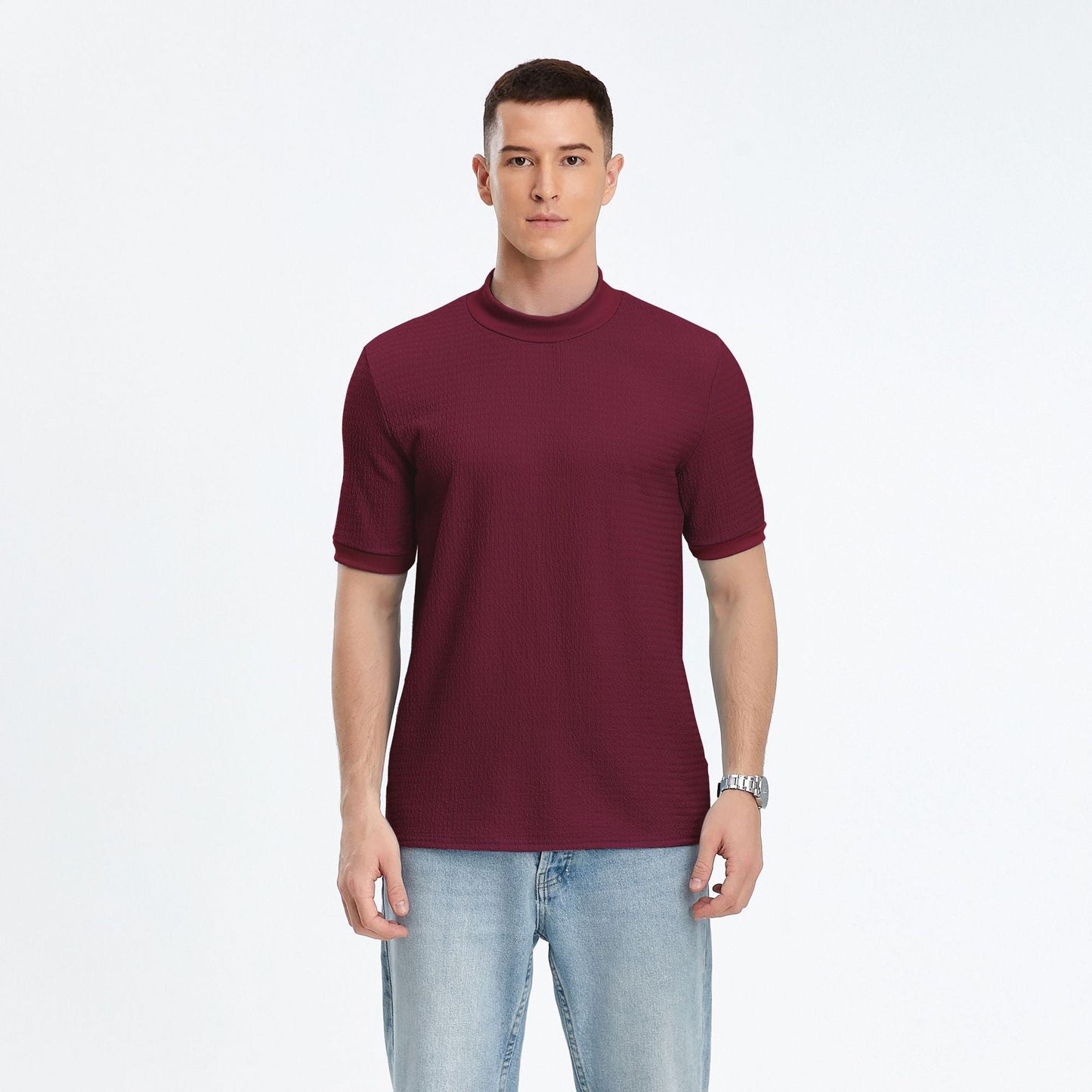 Herren T-Shirt Kurzarm Stehkragen Strukturstoff