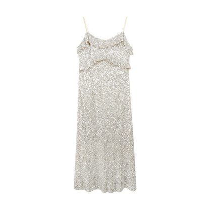 Damen Rüschenkleid Ärmellos Glitzernd Partykleid