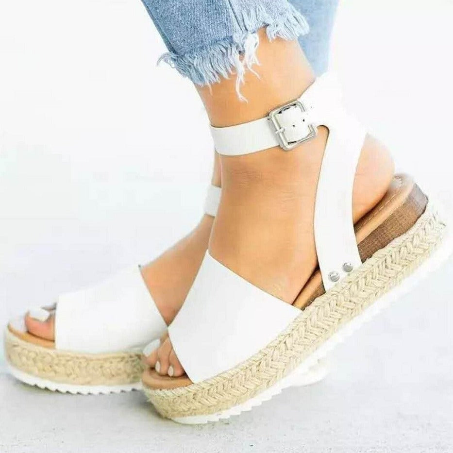 Damen Plateau-Sandaletten Keilabsatz Knöchelriemen Schuhe