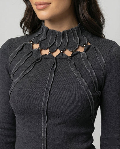 Damen Slim Fit Langarmshirt Dunkelgrau Cut-Out