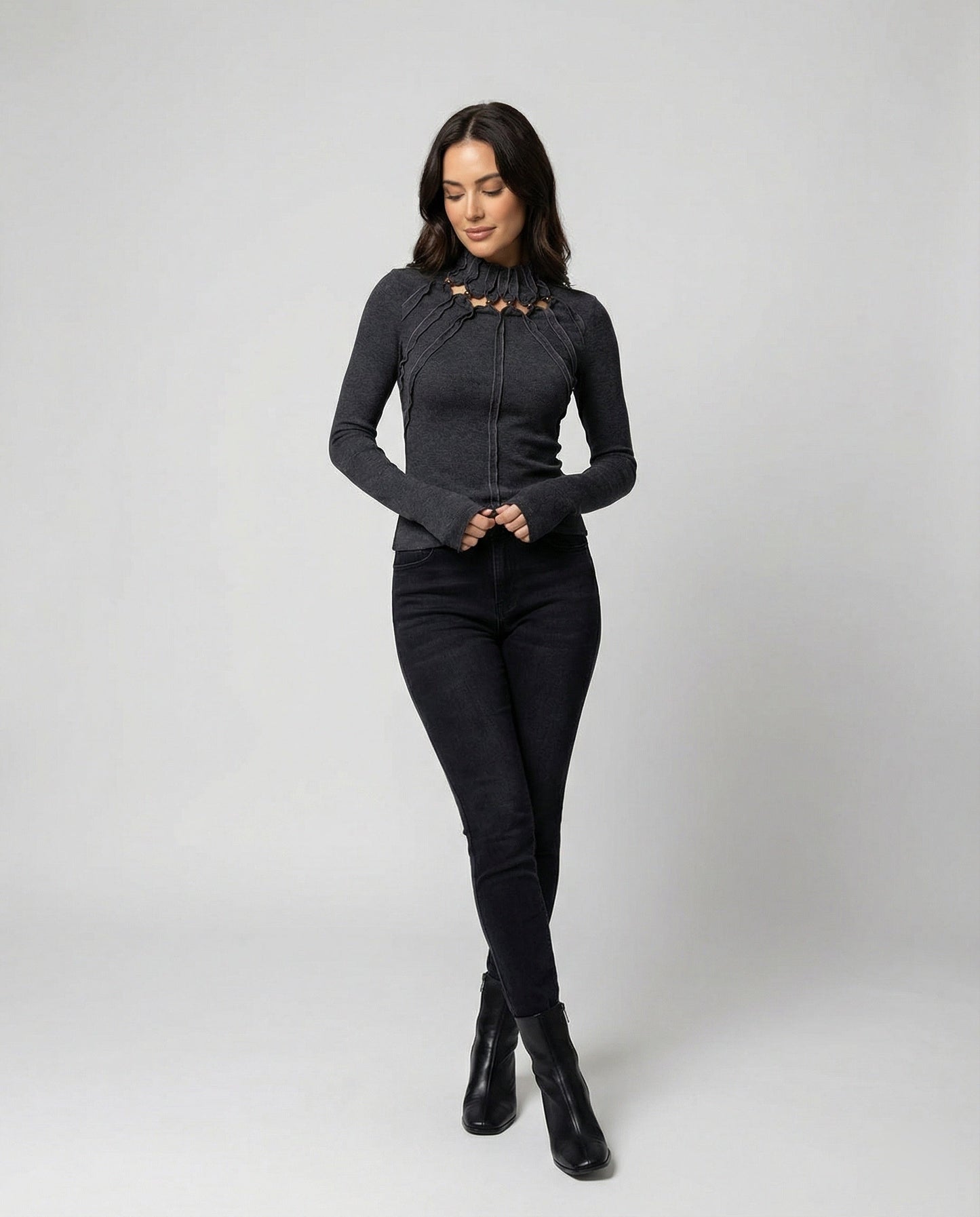 Damen Slim Fit Langarmshirt Dunkelgrau Cut-Out
