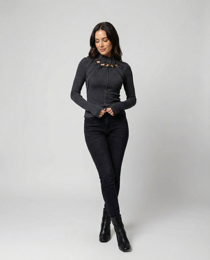 Damen Slim Fit Langarmshirt Dunkelgrau Cut-Out