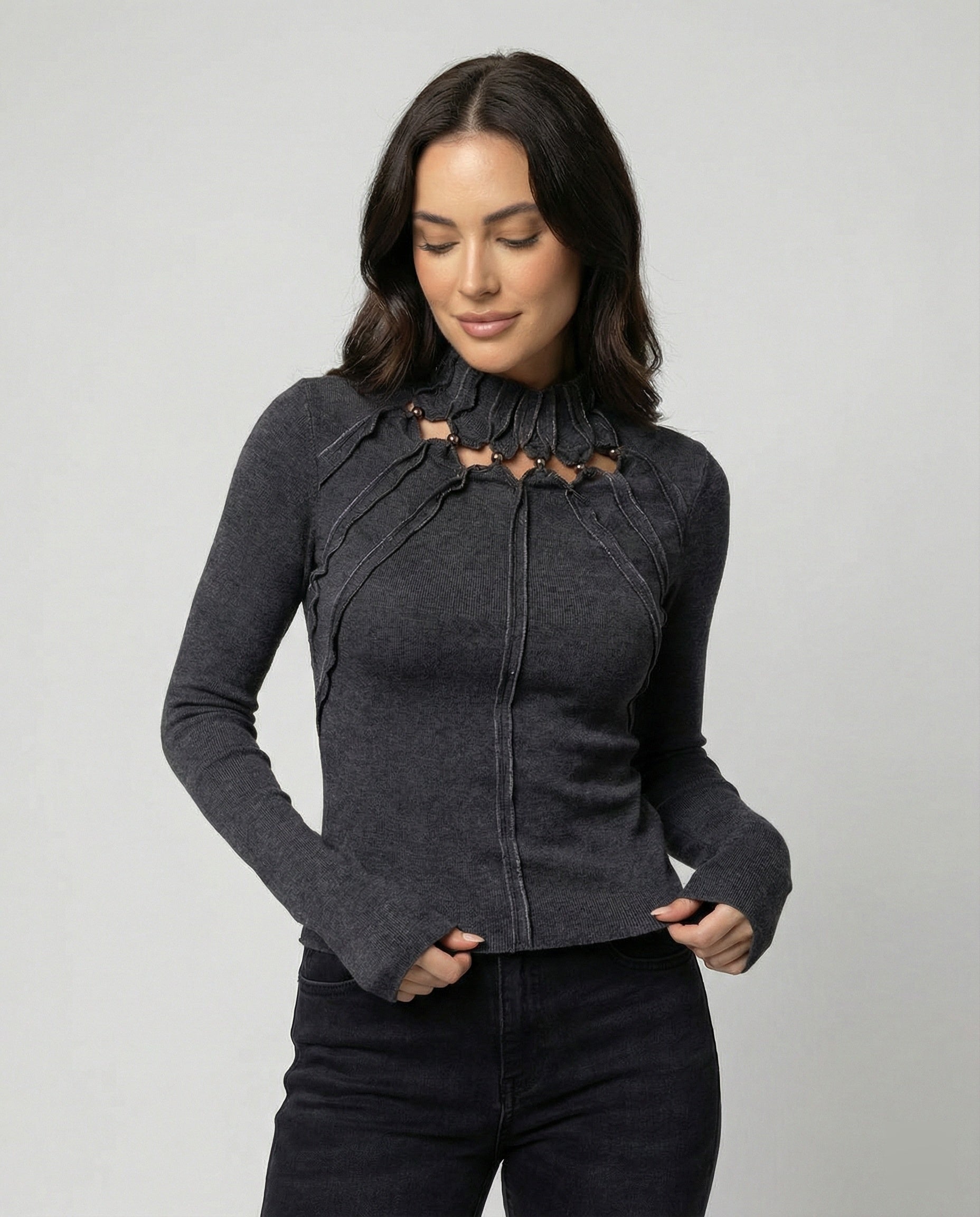 Damen Slim Fit Langarmshirt Dunkelgrau Cut-Out - Norvielle