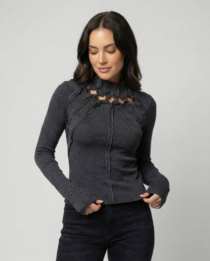 Damen Slim Fit Langarmshirt Dunkelgrau Cut-Out - Norvielle