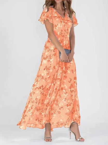 Damen Langarm Maxikleid Chiffon Blumenmuster