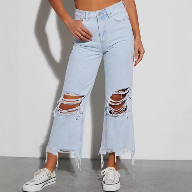 Damen Ripped Mom Jeans Rippen-Details Blau - Norvielle