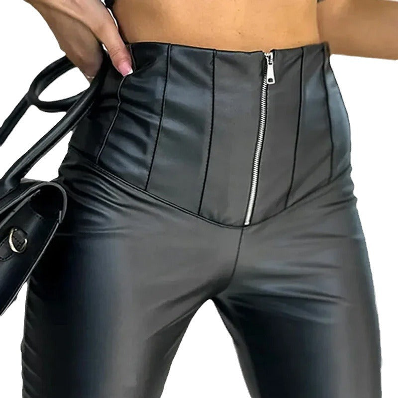 Damen Stretchhose Kunstleder Reißverschluss