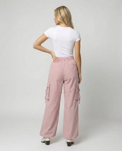 Damen Hochtaillierte Cargohose Baumwolle Mit Seitenschlaufen