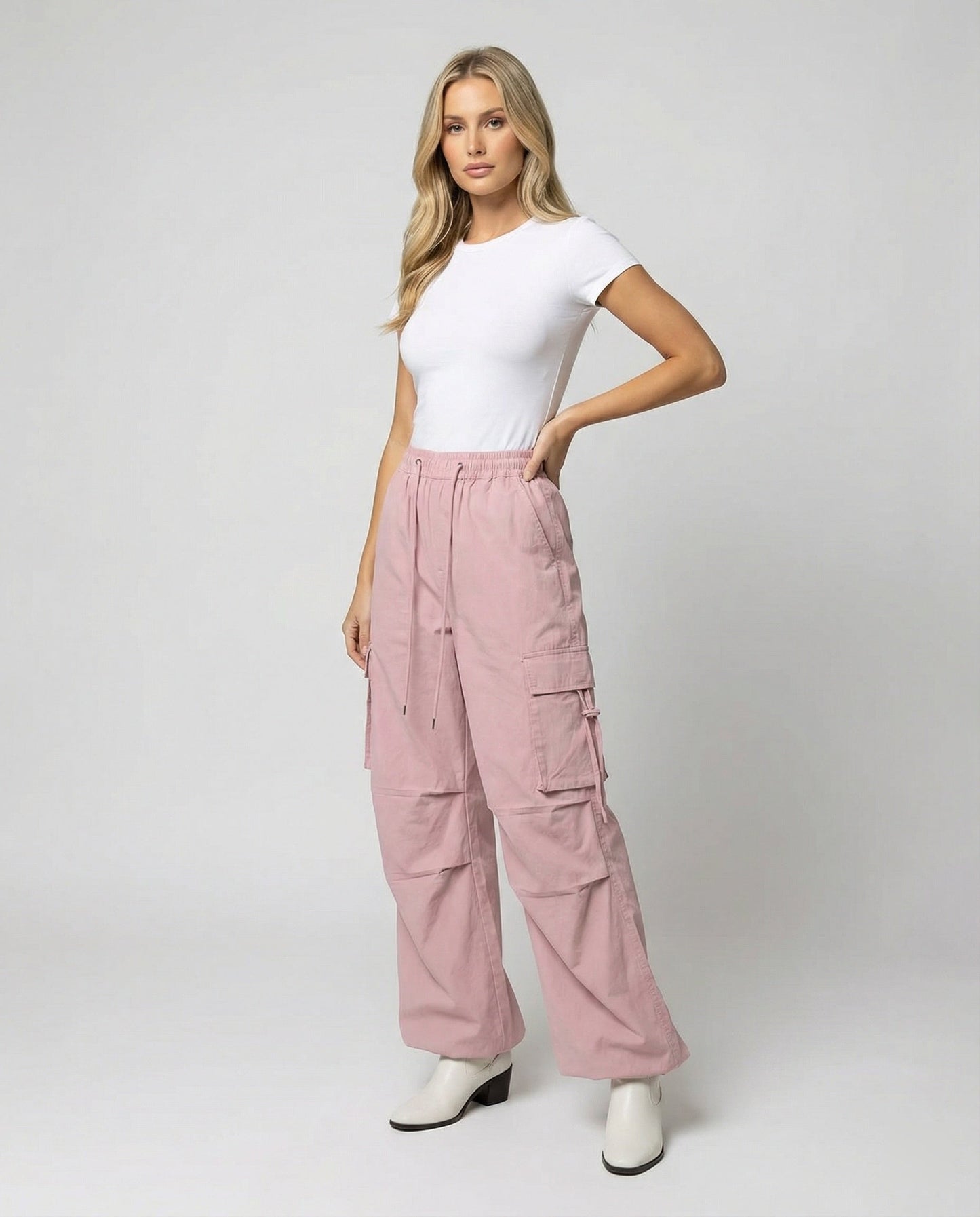 Damen Hochtaillierte Cargohose Baumwolle Mit Seitenschlaufen