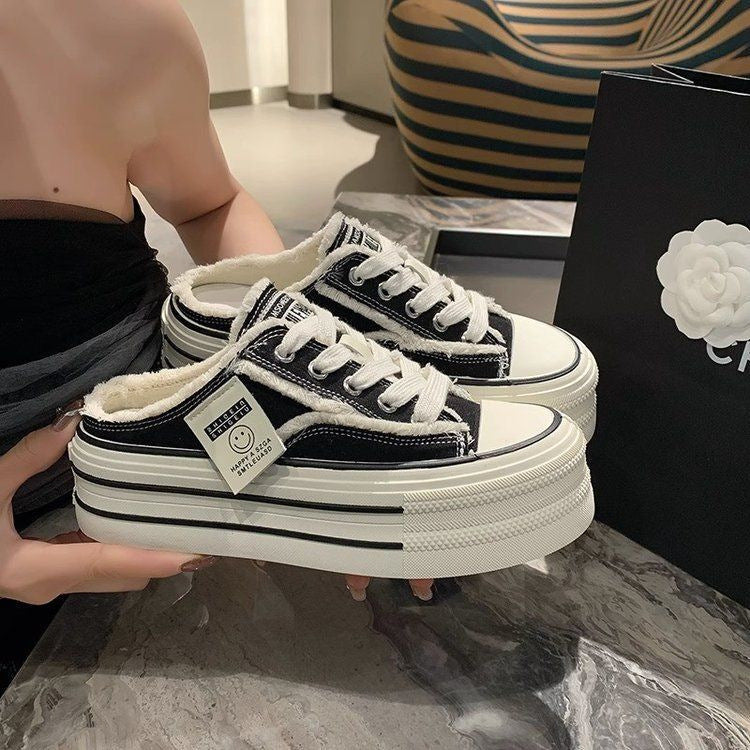 Damen Plattform Sneaker Plüsch Schwarz - Norvielle