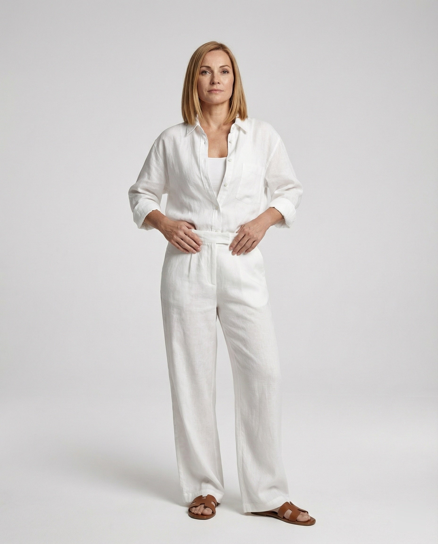 Damen Leinen-Set Weites Hemd Marlenehose Sommer Beige - Norvielle