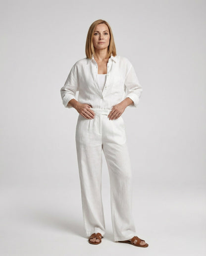Damen Leinen-Set Weites Hemd Marlenehose Sommer Beige - Norvielle
