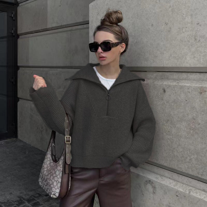 Damen Rippstrickpullover Weich Warm Reißverschluss Lässig