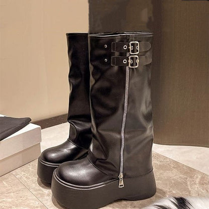 Damen Plateau-Stiefel Mit Hohem Absatz Verstellbar Schwarz - Norvielle