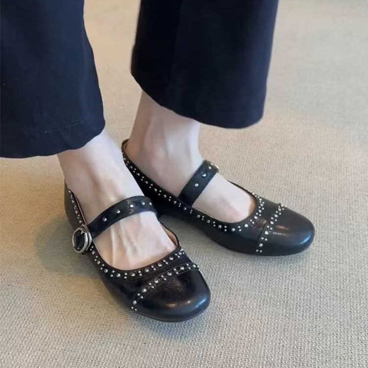 Damen Ballerinas mit Schnalle und Nieten Modern