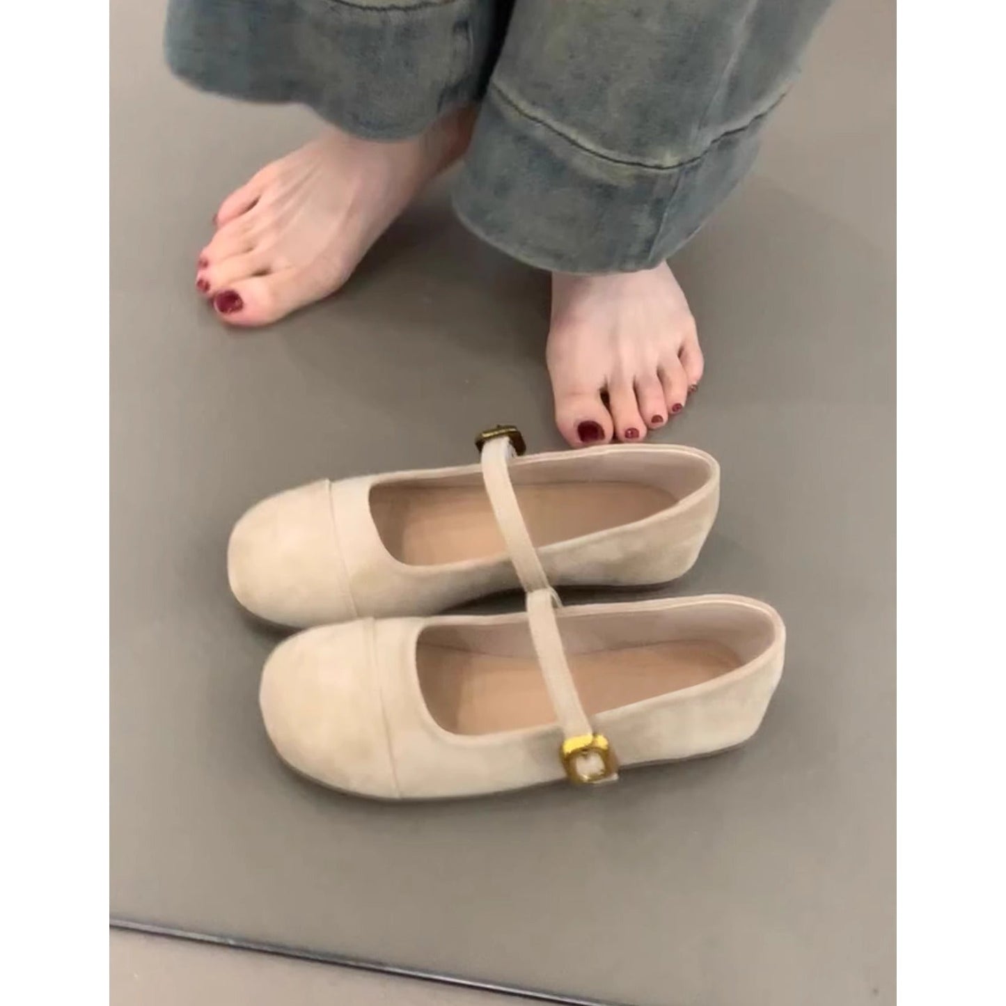 Damen Ballerinas Weiches Wildleder Mit Schnalle Modern