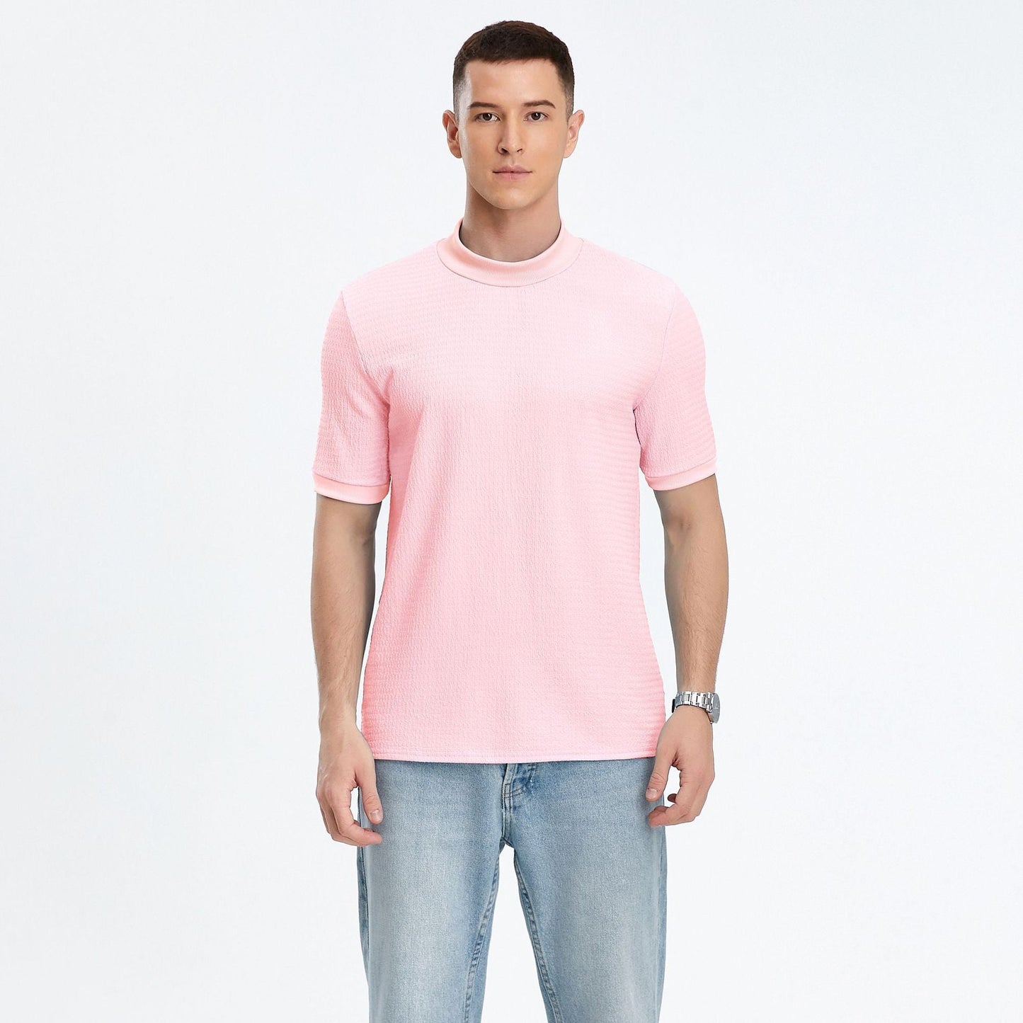 Herren T-Shirt Kurzarm Stehkragen Strukturstoff