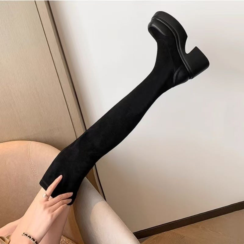 Damen Overknee Stiefel Elegant Blockabsatz Flexibler Reißverschluss