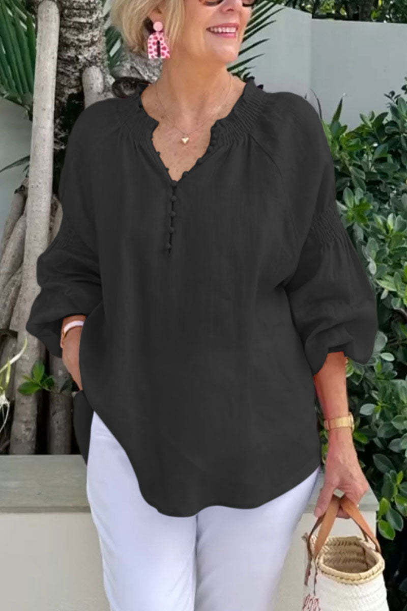Damen Bluse Elastisch Puffärmel Mit Knöpfen