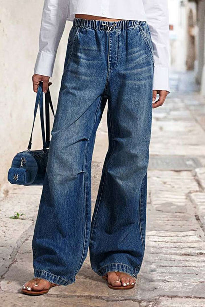 Damen Jeanshose Elastisch Weites Bein Lässig