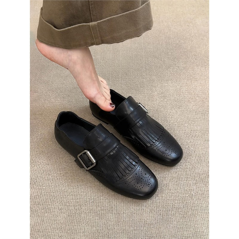 Damen Mokassins mit Fransen und Schnalle Schwarz - Norvielle