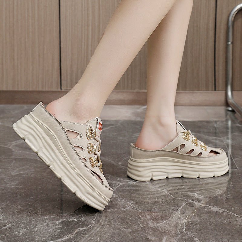 Damen Mules Plateau Atmungsaktives Material Glitzer Detail