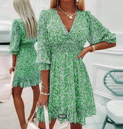 Damen Sommerkleid Blumenmuster V-Ausschnitt Puffärmel