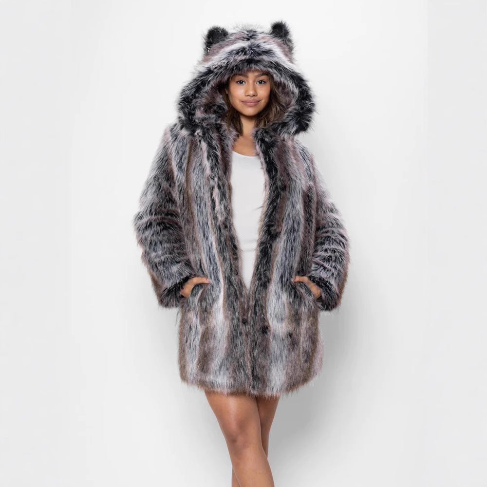 Damen Faux-Fur-Mantel Warm Kapuze Ohrenschützer