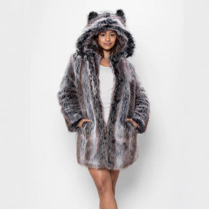 Damen Faux-Fur-Mantel Warm Kapuze Ohrenschützer