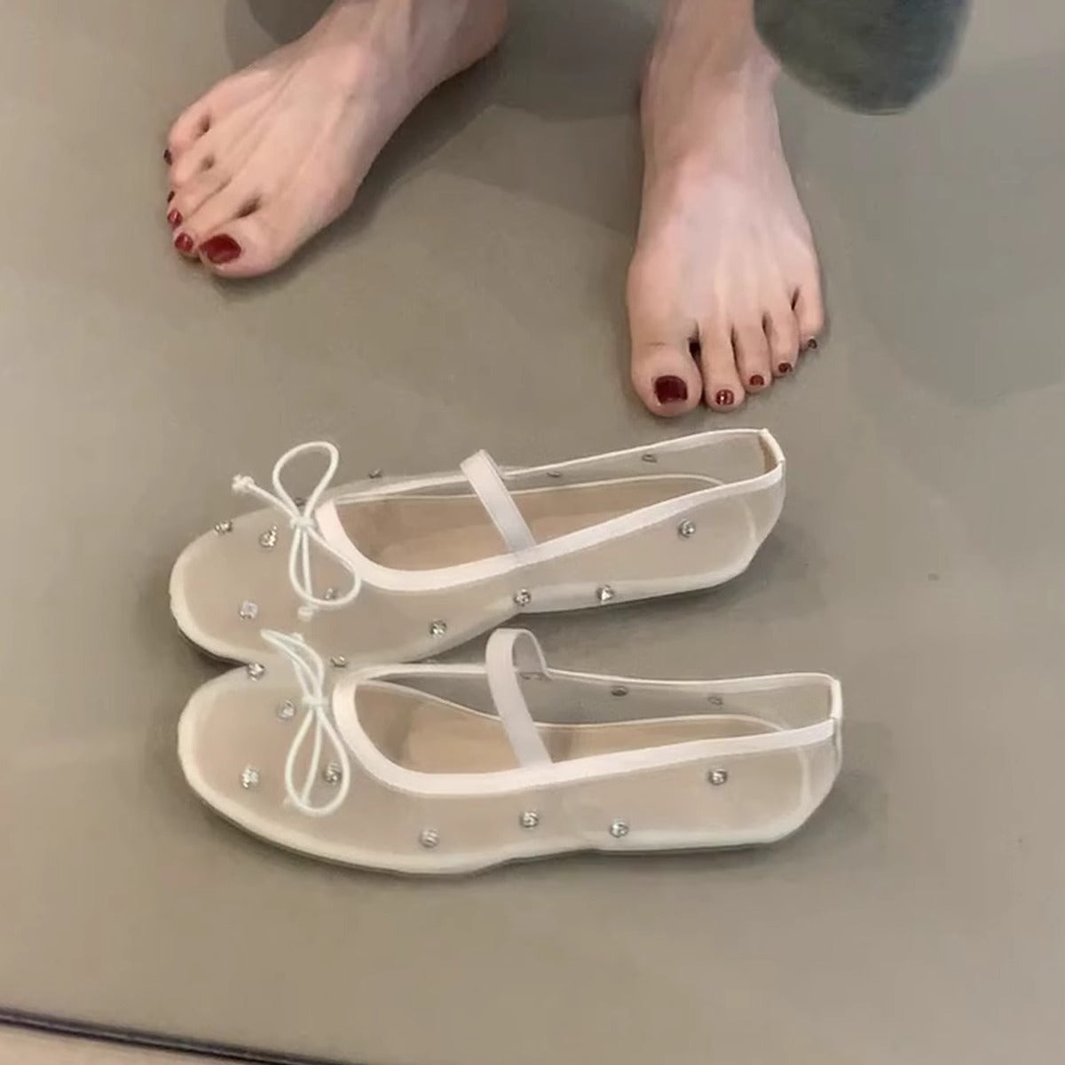 Damen Ballerinas Transparent mit Perlen Schmuck - Norvielle