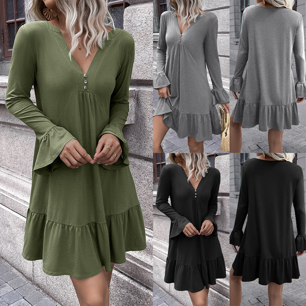 Damenkleid V-Ausschnitt Glockenärmel Elegant Schwarz - Norvielle