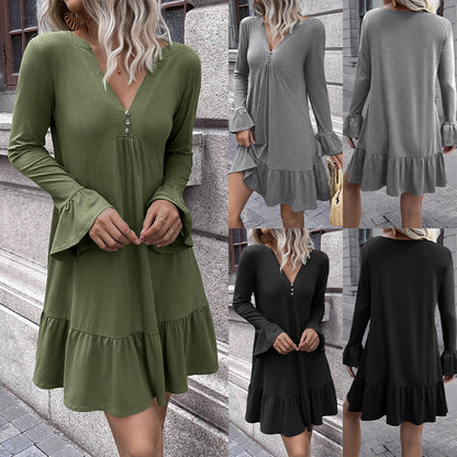 Damenkleid V-Ausschnitt Glockenärmel Elegant Schwarz - Norvielle