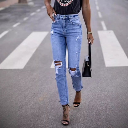 Damen High Waist Jeans Zerrissene Destroyed Style