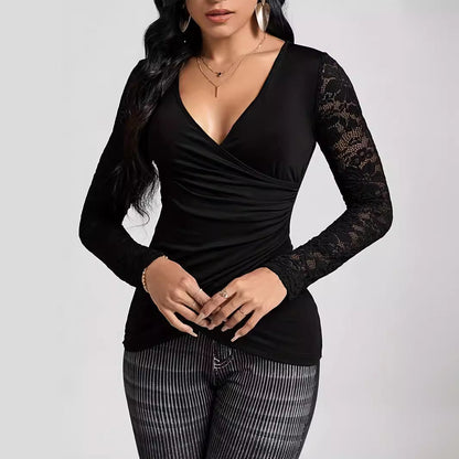 Damen Oberteil Wickelstil Spitzen Ärmel Elegant