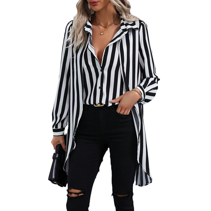 Damen Langarmbluse Streifenmuster Asymmetrisch